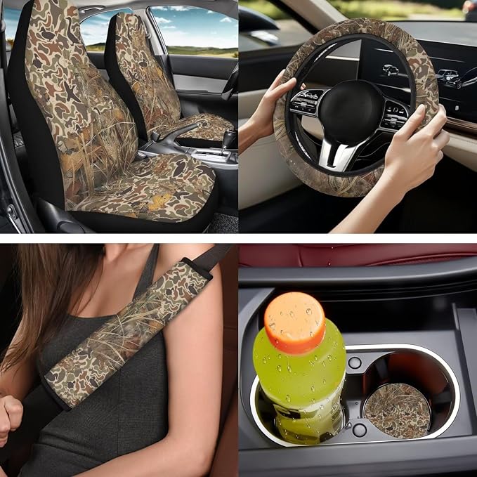 Bulopur Duck Hunting Camo Car Seat Covers Full Set with Matching Car Steering Wheel Cover Washable Armrest Cushion Pad Removable Seat Headrest Cover 14 Pack Auto Interior Decor Set