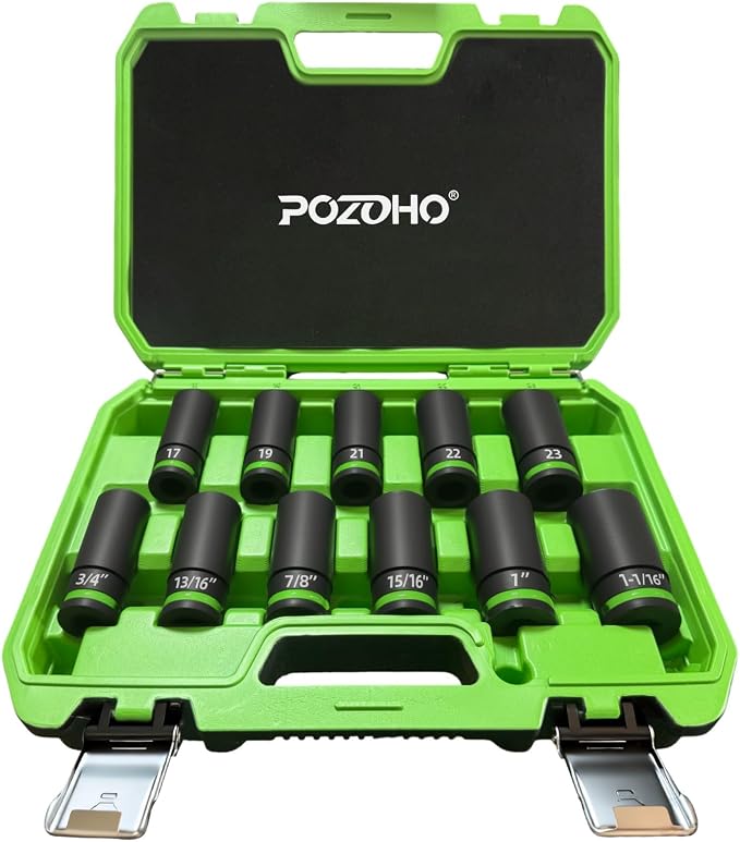Wheel Lug Nut Socket Set, 11-Piece 1/2-inch Drive Impact Grade Thin Wall Deep Socket, SAE & Metic Non-Marring Wheel Nuts Protector Removal Tool, Cr-Mo Steel, PTM02011