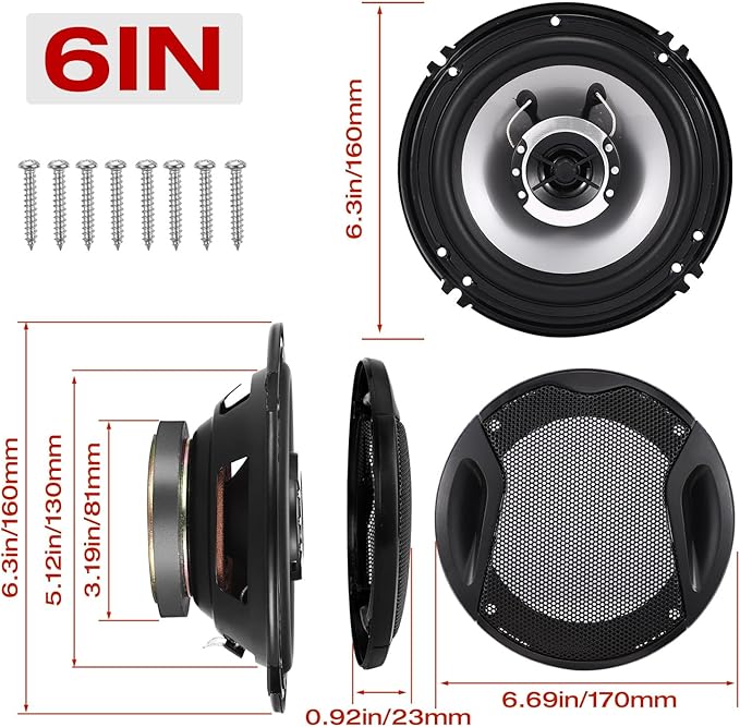 6in 2-Way Coaxial Car Speakers, 400W (100W RMS), Universal Car Stereo Speaker Replace, Auxiliary Coaxial Speaker W/Wire & Cover (Pair)