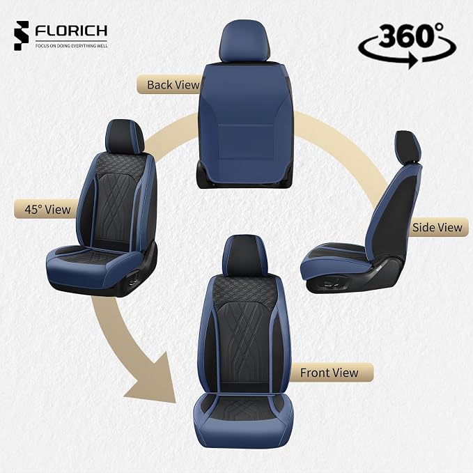 FLORICH Seat Cover Full Set Leather Car Seat Cover Front and Rear 5 Seats Full Coverage Seat Protector Waterproof Automotive Interior Cover Universal Fit for Most Car Truck SUV Decoration, Blue&Black