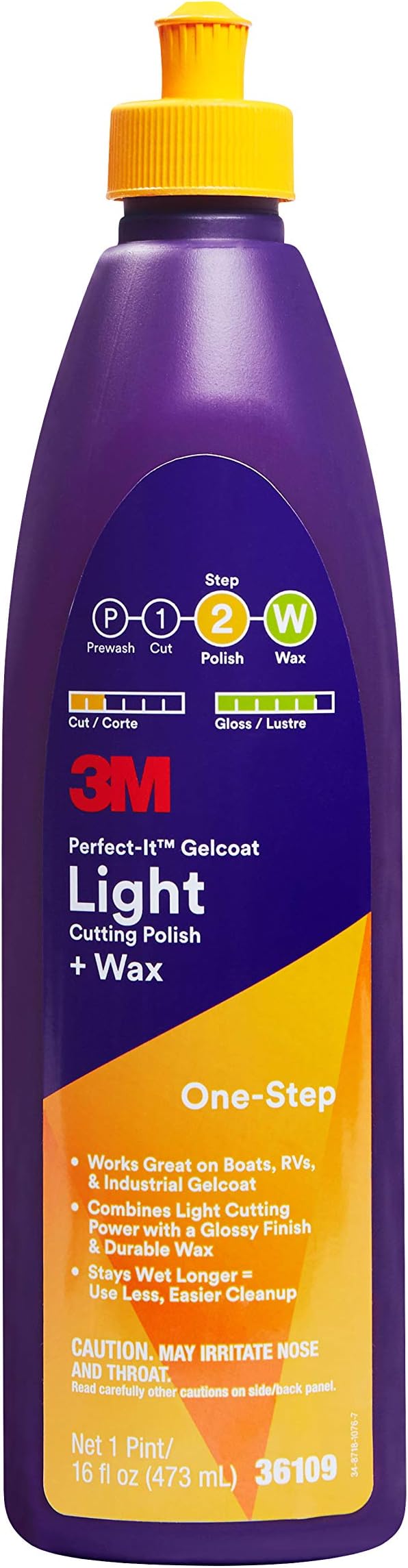 3M Perfect-It Gelcoat Light Cutting Polish + Wax, 36109, 1 Pint, One-Step Process, Removes Scratches and Swirls, Light Oxidation Remover for Boats and RVs