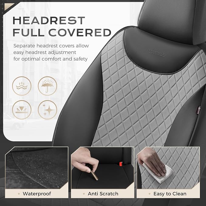 Coverado Car Seat Covers, 2 Seat Waterproof Seat Covers for Cars, Leather Driver Seat Covers, Front Car Seat Protectors Automotive Seat Cushions Universal Fit for Most Sedan, SUV, Truck, Black & Gray