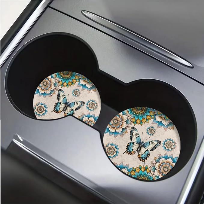 BIGCARJOB Boho Lotus Print Car seat Covers Set 12 Pack Cute Butterfly Print Car Interior Accessories Universal Center Console Armrest Pads,Coaster,Universal Steering Wheel Covers,Seat Belt Cover