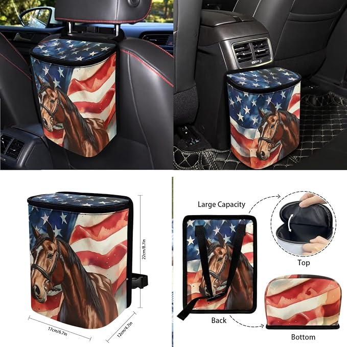 Horse American Flag Pattern Car Seat Covers Full Set, Car Interior Decor Set of 10 Steering Wheel Cover Cup Coasters Car Trash Can Air Vent Pounch Bag Keychain Universal Fit for SUV Truck Van