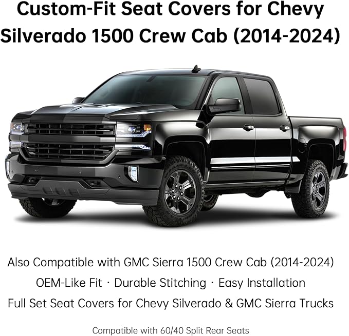 W&PMAX Custom-Fit Black Seat Covers Full Set for Chevy Silverado & GMC Sierra 2007–2026, Fit 1500/2500/3500HD Crew/Double/Extended Cab, Waterproof Leather Truck Seat Protectors