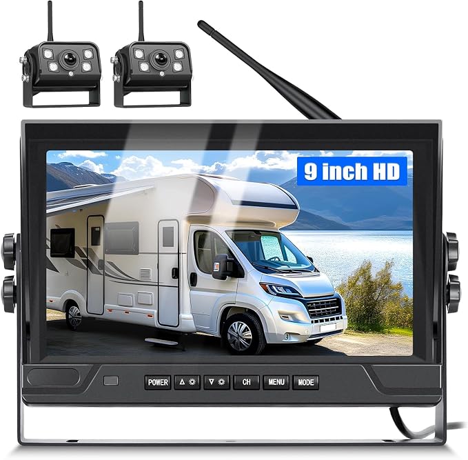 9 Inch Wireless Backup Camera System with BSD, DVR Recording, 4-Channel Support, HD Digital Signal, IP68 Waterproof, IR Night Vision, 12-24V Camera fit for Car Truck RV Trailer