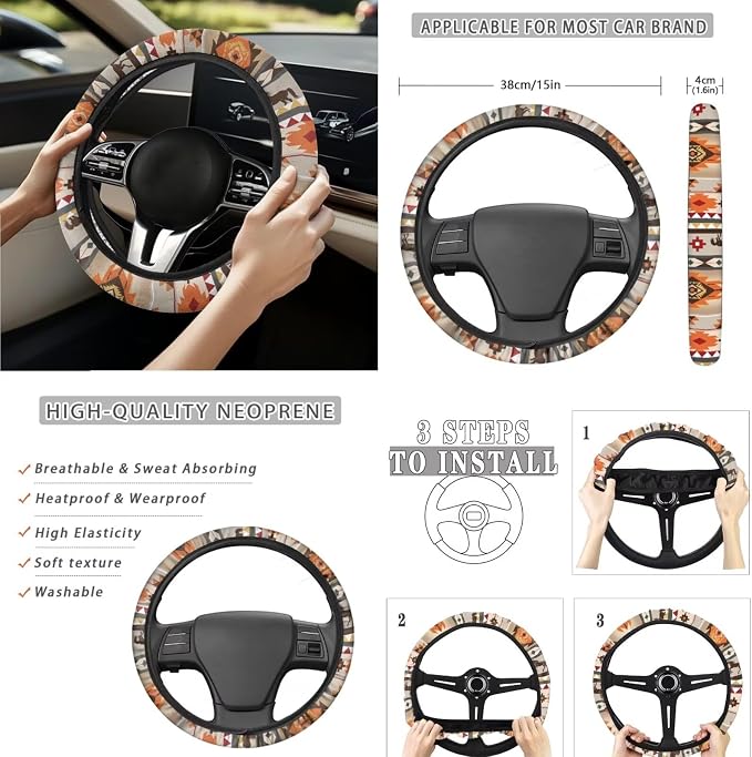 Southwest Print Car Seat Covers Set of 15 with Universal Steering Wheel Cover, Rearview Mirror Cover, Car Trash Can, Seatbelt Pads, Cup Holder Coasters, Keychains