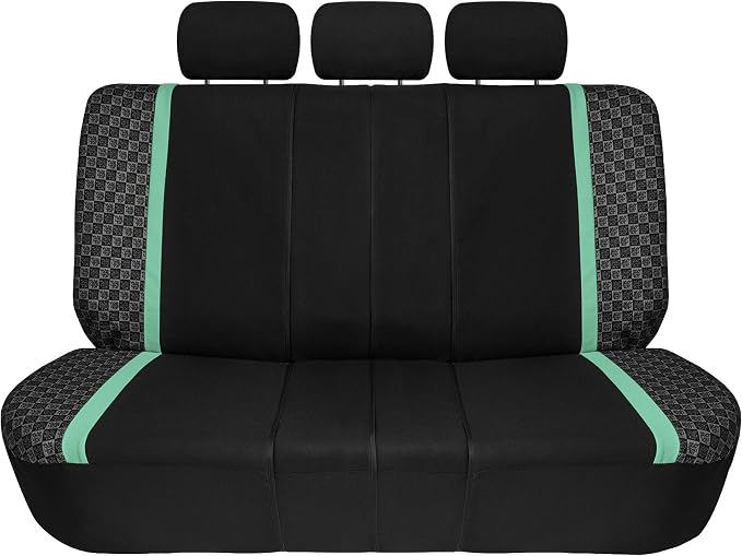 We Are Young Life is Fun™ Checker Car Seat Covers Universal Fit Interior Accessories Full Set Mint Seat Cover Combo Steering Wheel Cover and Seat Belt Pads, Airbag and Split Rear Car Seat Covers