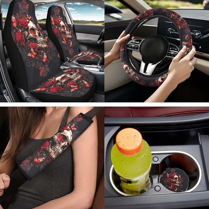 Bulopur Floral Skull Red Rose Car Seat Covers Full Set with Vehicle Armrest Cushion Easy Install Auto Seat Belt Shoulder Strap Covers 15 Inch Steering Wheel Cover Coasters Car Interior Accessories