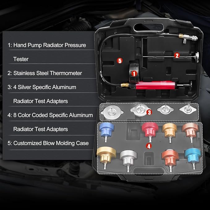 JIFETOR 14PCS Radiator Pressure Tester Tool Kit with Aluminium Pump and Metal Adapters, Black