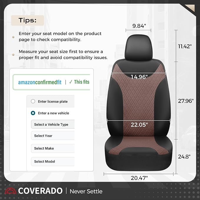 Coverado Front Car Seat Covers, Leather Seat Covers for Cars, Automotive Seat Protectors with Splicing Design，Waterproof Auto Seat Cushions Driver Seat Covers Universal for Most Cars, Black & Coffee