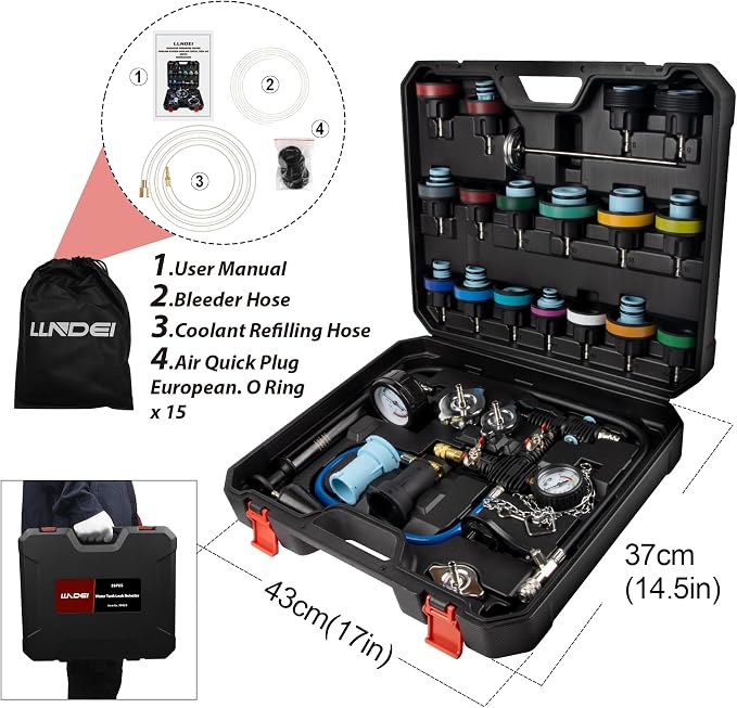 LLNDEI Coolant Radiator Pressure Tester Kit 28PCS Radiator Pressure Tester Pneumatic Vacuum Cooling System Purge Refill Leak/Refiller Set, Universal Automotive Domestic/Import Vehicles, Motorcycle