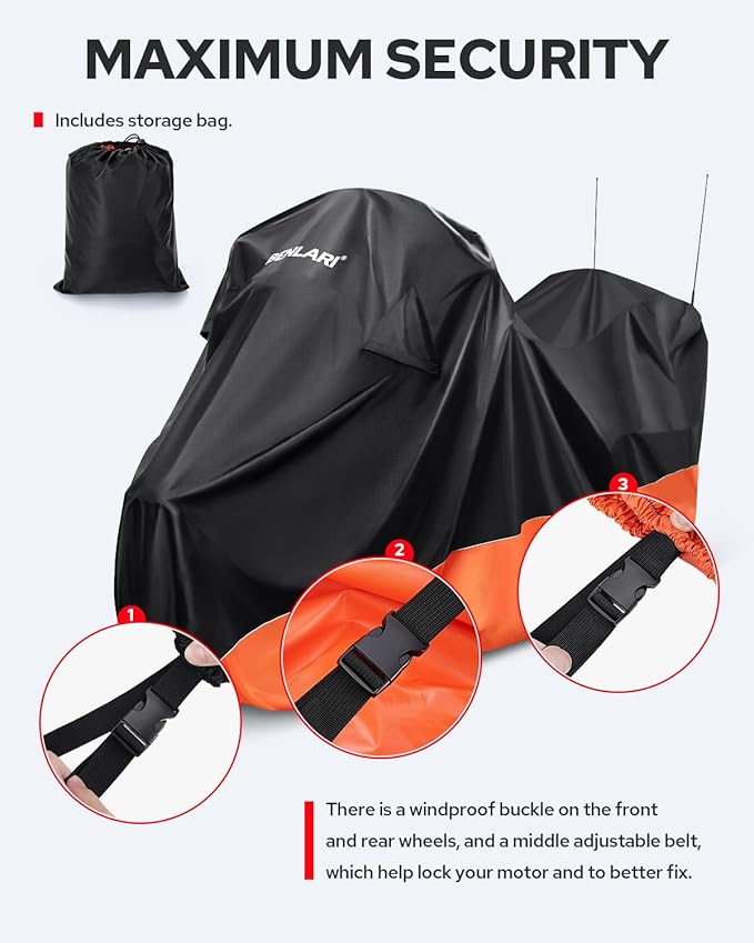 Benlari Waterproof Motorcycle Cover with Side Top Box Compatible with Harley Davidson Touring Ultra Limited Street Glide Road Glide Electra Glide Honda Outdoor All Weather Protection, 116" x 47" x 53"