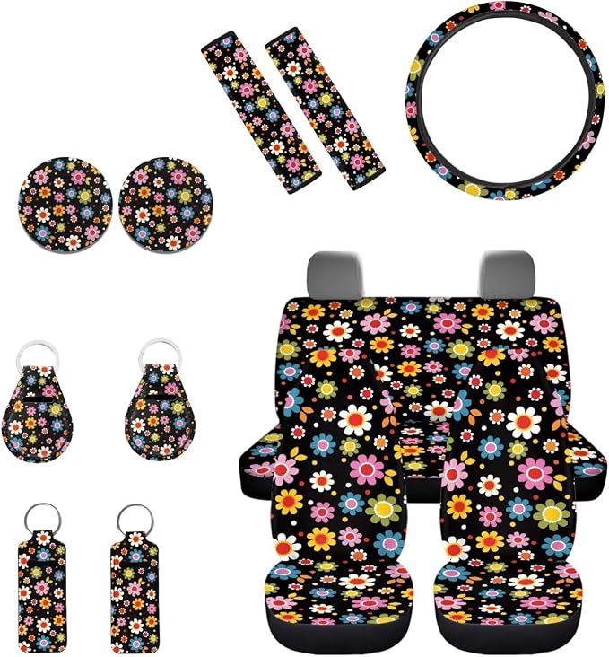 INSTANTARTS Hippie Flower 13 Piece Auto Accessories Include Front and Rear Seat Covers Steering Wheel Covers Seat Belt Covers Keychains Lipstick Covers Coasters for Trucks Vans SUV