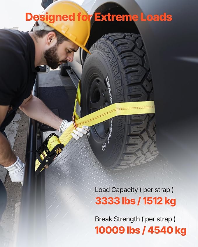 VEVOR Wheel Chock Tie-Down Kit, Tire-Style Motorcycle Tie-Down System, Car Kit with Flat Hook, Break Strength 10009 lbs & Working Load 3333 lbs Trailer Strap for ATVs, SUVs, Trailers