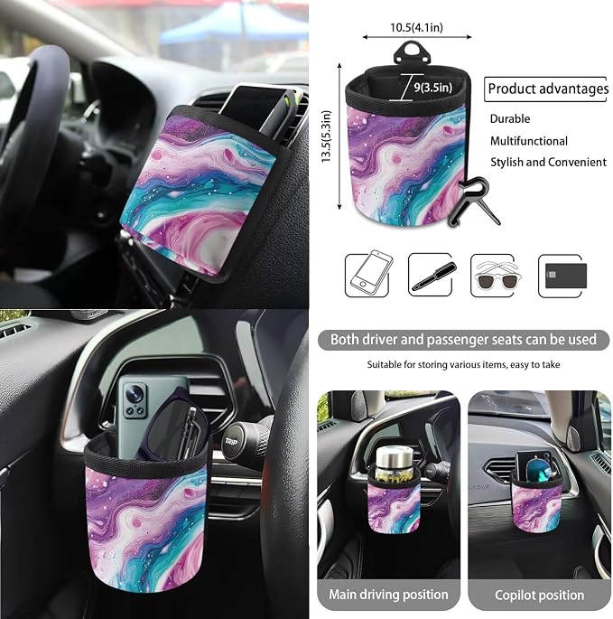 Marble Pattern 15 Pieces Car Seat Cover Steering Wheel Cover, Seat Belt Strap Wrap Cover Car Trash Can Cup Holders Keychain Air Vent Bag for Truck Vans Sedans