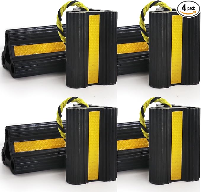 Wheel Chocks for RV Trailers 4Pair/8Pack with Rope, Rubber Tire Chocks Block Stopper with Reflective Strips for Camper Truck Car Wheel Immobilizers & Chocks, Travel Trailer RV Accessory