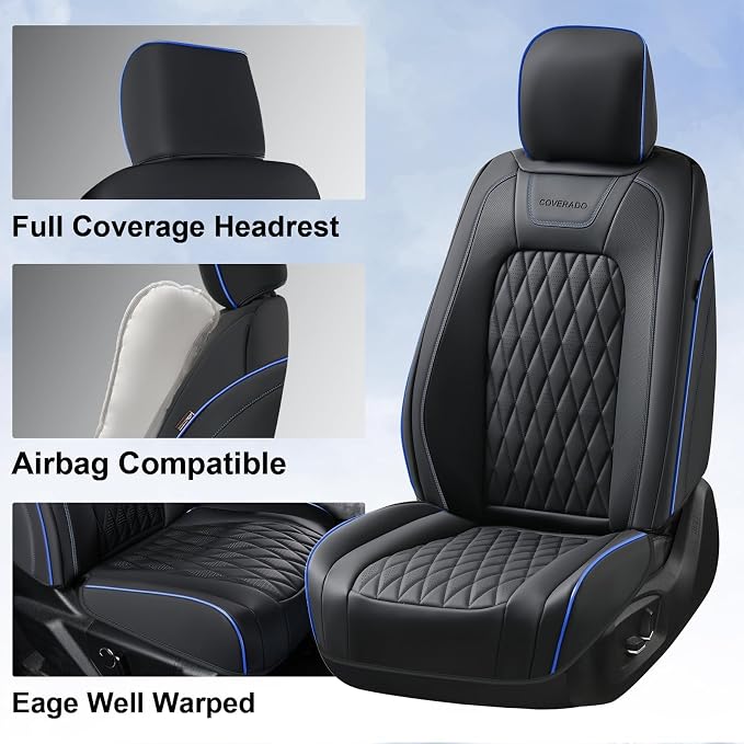 Coverado Leather Seat Cover, Custom Fit for Ford F150 Seat Covers, Ford F150 Truck Seat Covers Waterproof Fit for 2015-2026 F150 & 2017-2026 F250 F350 F450 Blueline - Front Pair