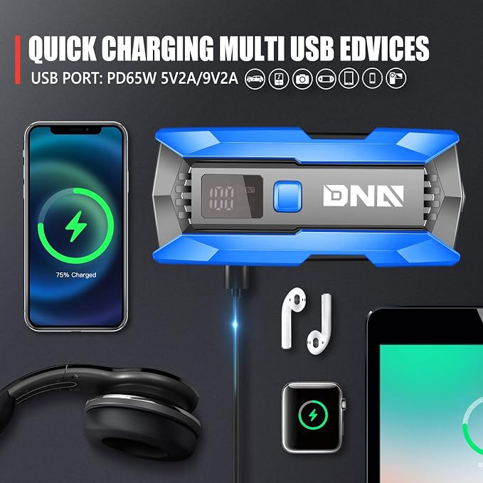 DNA Motoring 12V 2000A Peak Multi-Function Portable Car Battery Jump Starter for Up to 8.0L Gas / 6.3L Diesel Engine, with Carry Case,Blue/Black, TOOLS-00277