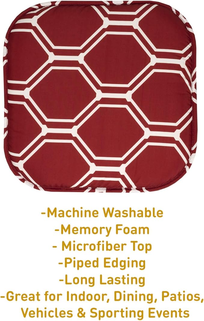 Sweet Home Collection Chair Cushion Memory Foam Pads Honeycomb Pattern Slip Non Skid Rubber Back Rounded Square 16" x 16" Seat Cover, Mirage Wine/White, 4 Pack