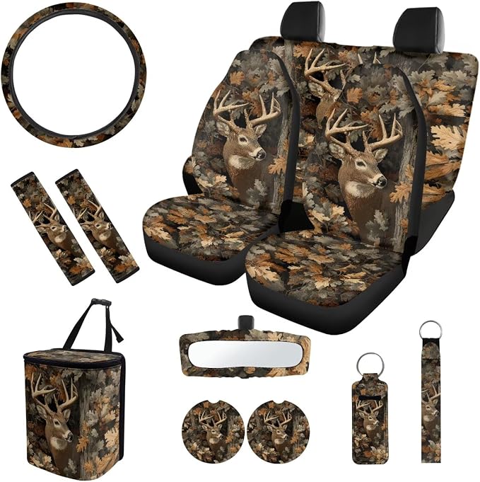 Car Seat Covers Set 12 Pcs Camo Deer Hunter Car Seat Belt Pad Cover Steering Wheel Cover Auto Cup Coasters Auto Trash Bin Rear View Mirror Cover Keychain Holder Keychains