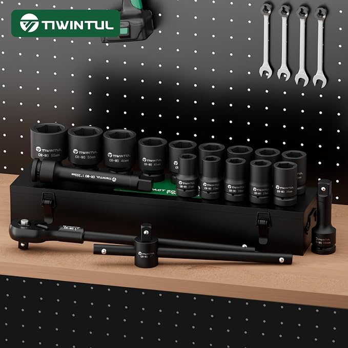 1 Inch Drive Impact Socket Set for Truck, Excavator & Construction Equipment Repair, 21-55mm Metric Heavy Duty CR-MO Socket Set, 18 Pcs with 24" Ratchet Wrench, Sliding T-Bar & Extension Bars