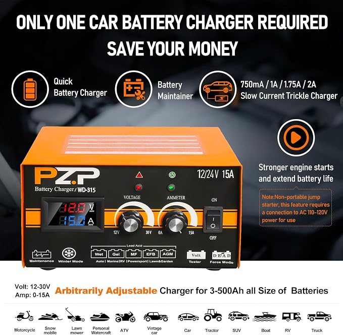 PZP 0-15Amp12V 24V Manual Battery Charger Maintainer, Arbitrarily Adjustable Car Battery Trickle Charger, Battery Desulfator with Repair, Winter Mode, Suitable for Motorcycle Car Truck Lawnmower Boat