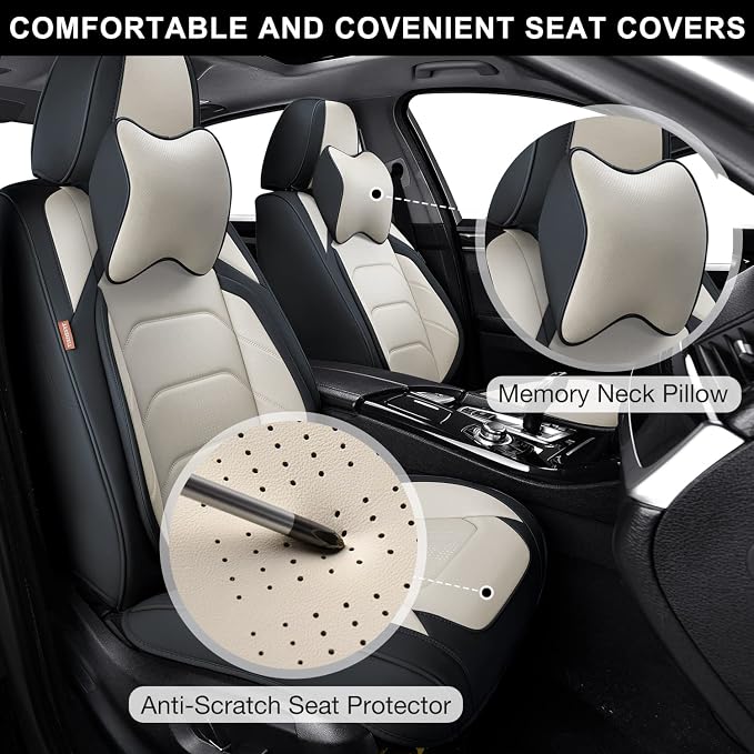 TIEHESYT Car Seat Covers Full Set, Breathable Nappa Leather Car Seat Cushions, Auto Interiors Universal Fit for Most Cars, Compatible Automotive Vehicles(Sedan/SUV/Van), Black & White