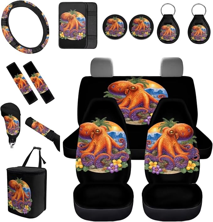 Forchrinse Octopus Car Seat Covers for Women Flower 15Pack Car Accessories with Steering Wheel Cover,Armrest Seatbelt Cover,Car Trash Can,Coaster,Keychain for Truck SUV Vehicles