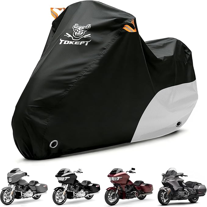 Motorcycle Cover Waterproof All Season Outdoor Protection, Fits up to 104 Inch, Compatible with Cruisers & Touring Models, with Locking Holes & Reflective Strips (Black&Silver)
