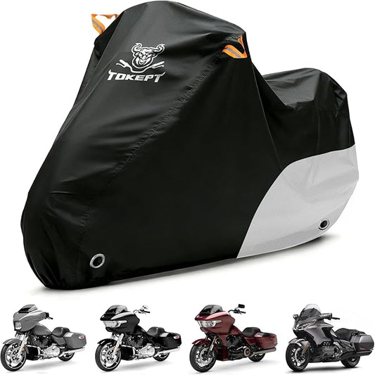 Motorcycle Cover Waterproof All Season Outdoor Protection, Fits up to 104 Inch, Compatible with Cruisers & Touring Models, with Locking Holes & Reflective Strips (Black&Silver)