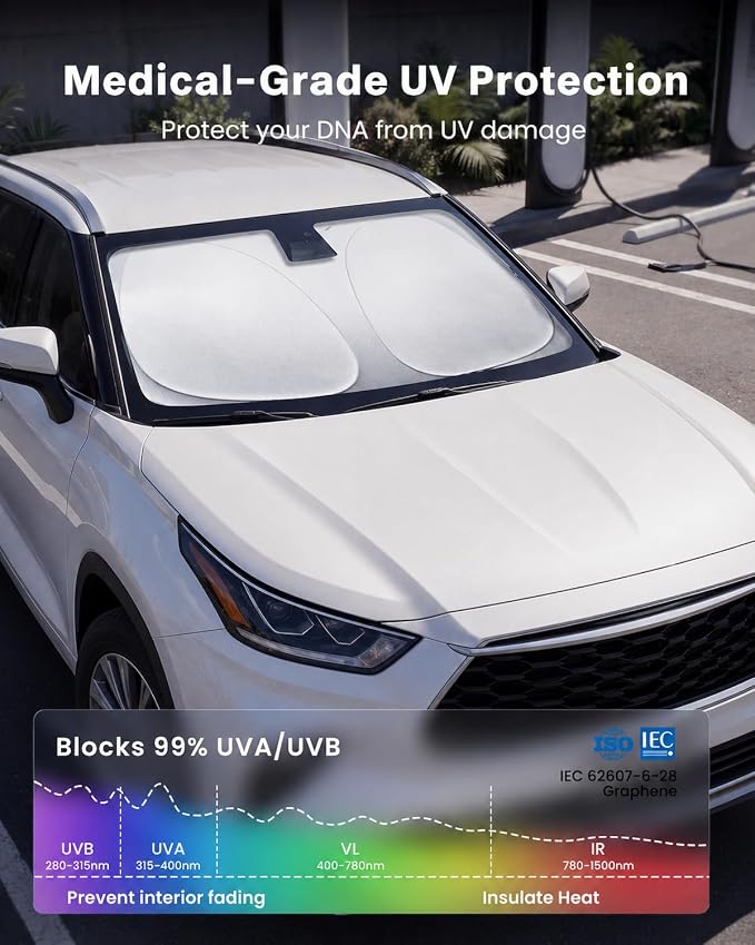 REEVAA 2026 3rd Pro Windshield Sunshade for 2020-2026 Toyota Highlander | Dual-Layer Heat & Sun Defense, OEM Design | Foldable Sun Shade Car Accessories with Storage Bag