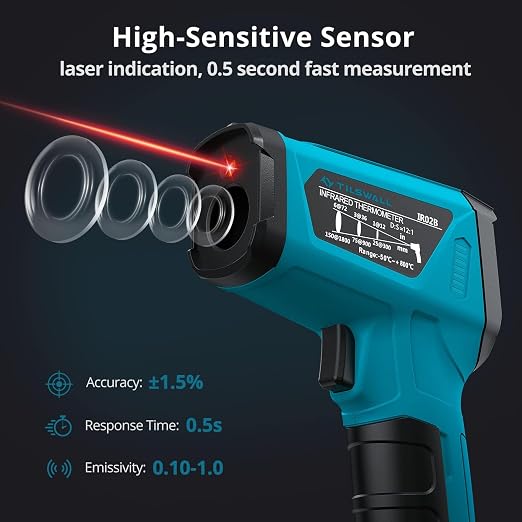 Tilswall Infrared Thermometer, -58°F to 1472°F(-50~800°C), Non-Contact Digital Laser Thermometer with Probe, Adjustable Emissivity, High/Low Temp Alarm, for Cooking/BBQ/Freezer(NOT for Human)-W300