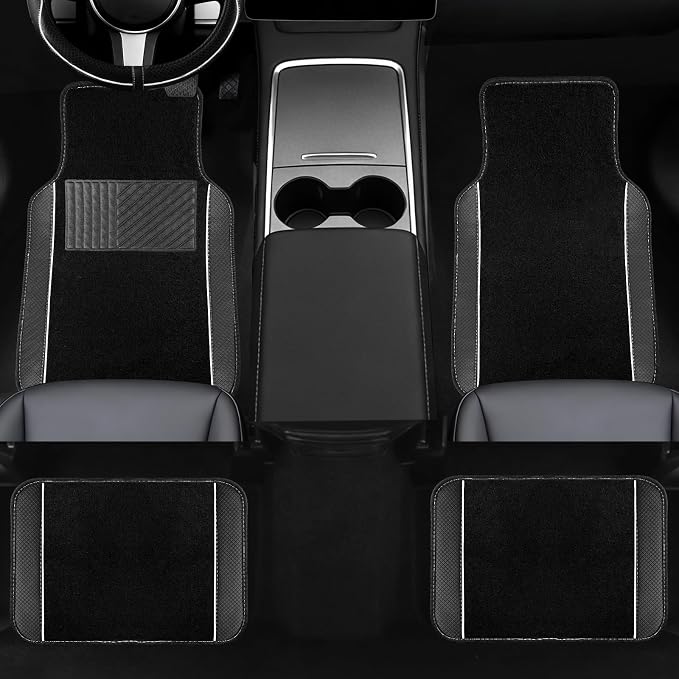 NBTEPEM 10 Pcs Car Floor Mats Full Set Car Accessories, Microfiber Leather Steering Wheel Covers 14.5-15 inch, Center Console Cover, Seat Belt Pads, Cup Coasters, Universal Interior Decor(White)