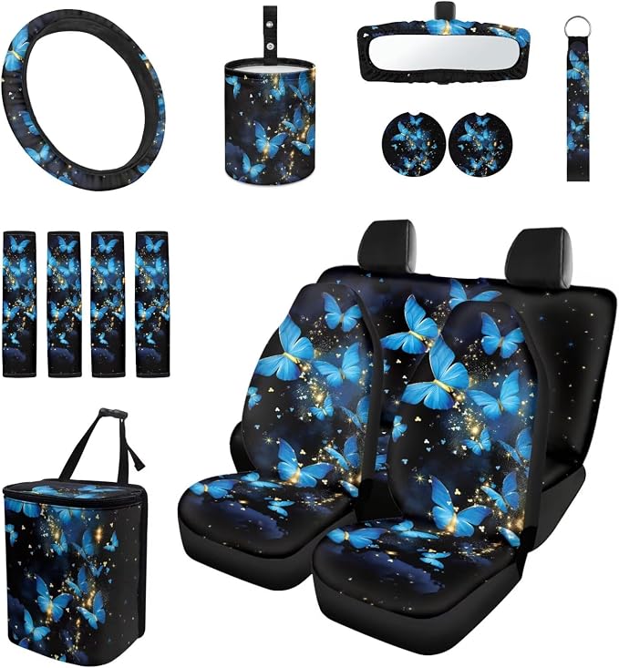 15 Pcs Blue Glitter Butterfly Car Seat Covers Full Set for Women Cute Car Accessories Interior Car Steering Wheel Cover Seatbelt Covers Trash Bin Rear View Mirror Cover Cup Holders Keychain
