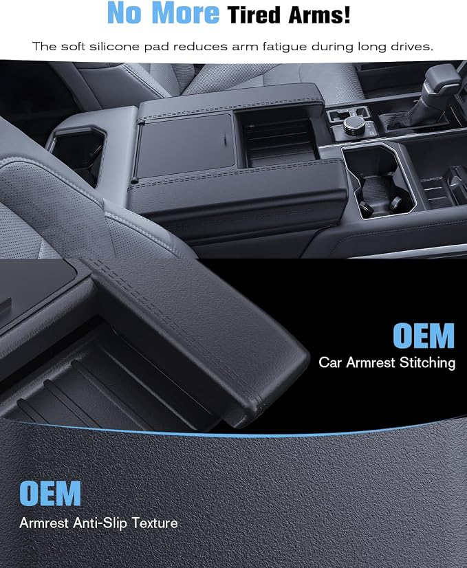 for 2022~2026 Tundra (SR/SR5/Limited) 2-in-1 Silicone Center Console Armrest Cover& Armrest Hidden Privacy Tray - [OEM Design& Friendly Liquid Silicone Rubber] - Thin Black