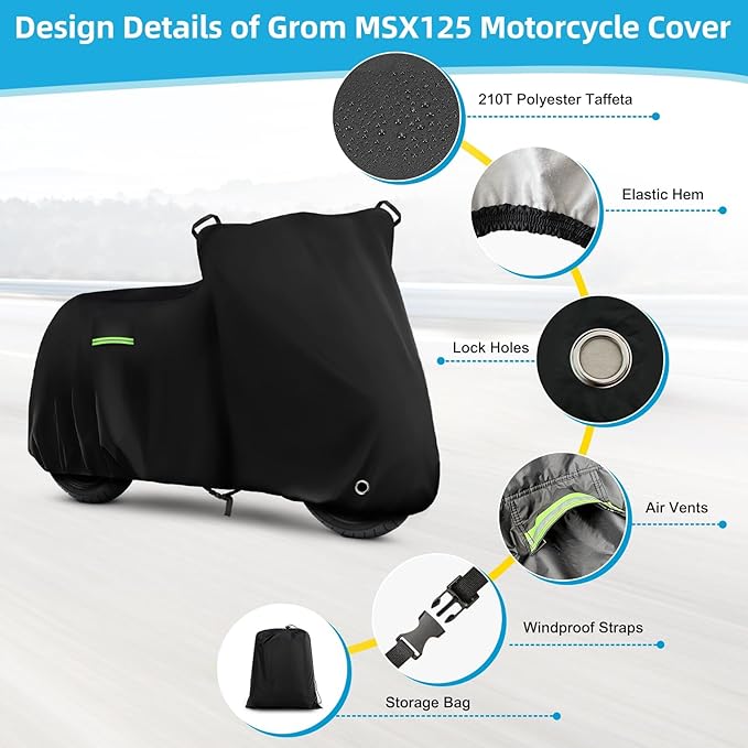 Motorcycle Cover Waterproof for Honda Grom MSX125/Navi/Monkey/2022 Benelli 135/2023 Grom, Heavy Duty Outdoor Sun UV Rain Dust All Weather Protection Motorbike Cover with Soft Cotton Lining & Lock Hole