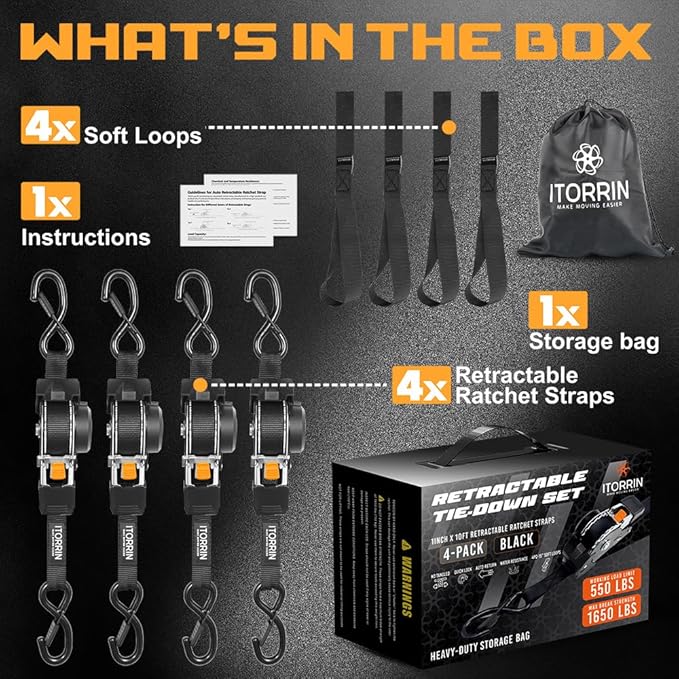 Retractable Ratchet Straps(4 PK)- 1 Inch x 10 Feet (1,650lb Break Strength)-Self Retracting Tie Down Straps for Motorcycle, ATV, Truck, Cargo, Appliance & More -Black + 4 PK Soft Loops