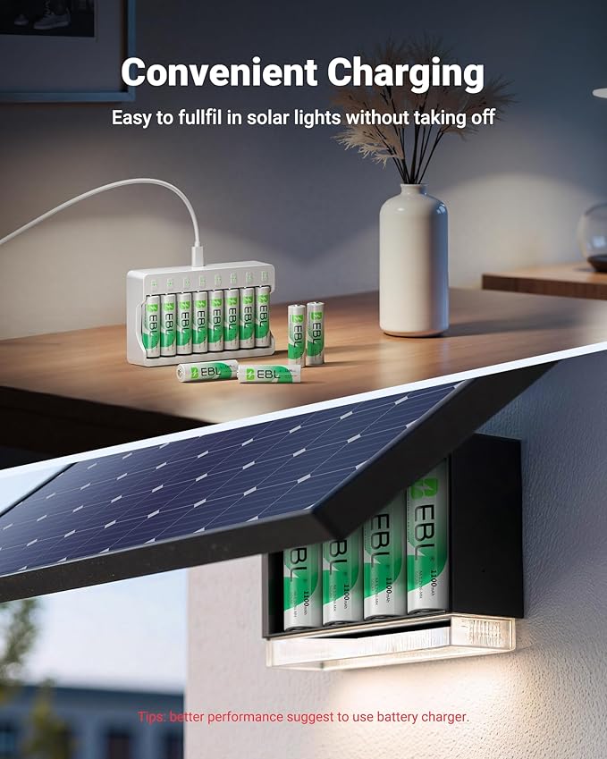 EBL 1100mAh Solar AA Batteries for Outdoor Solar Lights Garden Lights Household Devices, Pre Charged AA Rechargeable Batteries 1.2V High Performance (Pack of 20)