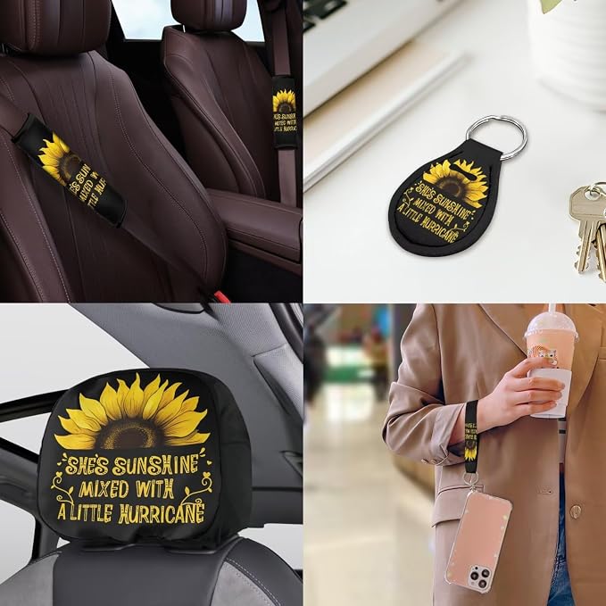 Sunflower Print Car Seat Covers Full Sets 18 Pieces Sunshine Sunflower Print Car Interior Accessories Sets with Steering Wheel Car Covers Car Headrest Covers Hanging Car Trash Can Belt Pads