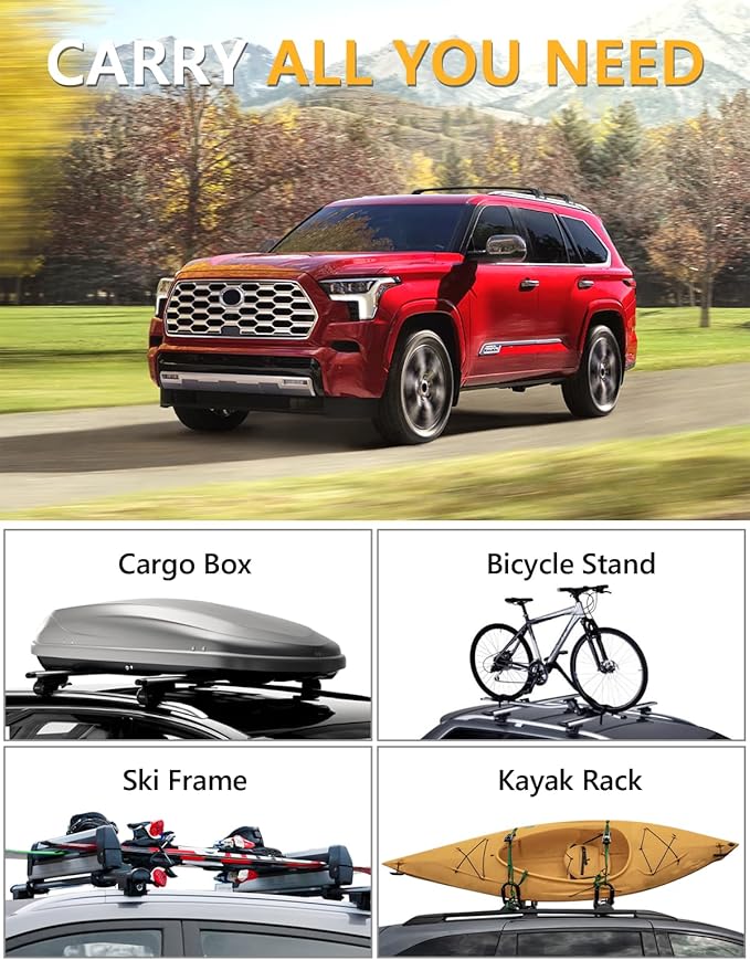 Tuyoung 260lbs Lockable Roof Rack Cross Bars Compatible with Toyota Sequoia 2023-2026 with Flush Rails，Aluminum Roof Rails Crossbars Cargo Bars Canoe Kayak Car Snowboard Rooftop Cargo Carrier Luggage