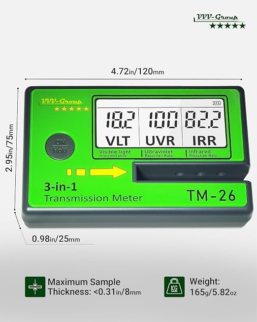 Digital Window Tint Meter TM-26 – Automotive VLT Tester with UVR & IRR Measurement, 8mm Slot Light Transmittance Meter for Car Side Windows and Solar Film Inspection (TM-26 with PU case)