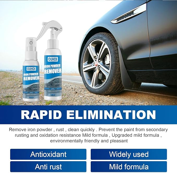 Iron Powder Remover, 100ml Iron Remover Car Detailing, Multipurpose Car Rust Removal Spray, Safe Instant Iron Powder Remover Spray Car Iron Remover for Wheels, Paint, Brake (2pc 3.5oz)