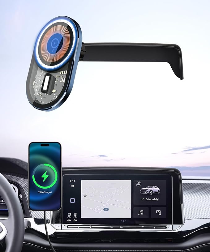 Wireless Charging Car Phone Holder for Volkswagen Atlas/Altas Cross Sport 2024-2026, 12" Screen Fixed Clip, 360° Rotation Car Phone Mount Compatible with MagSafe