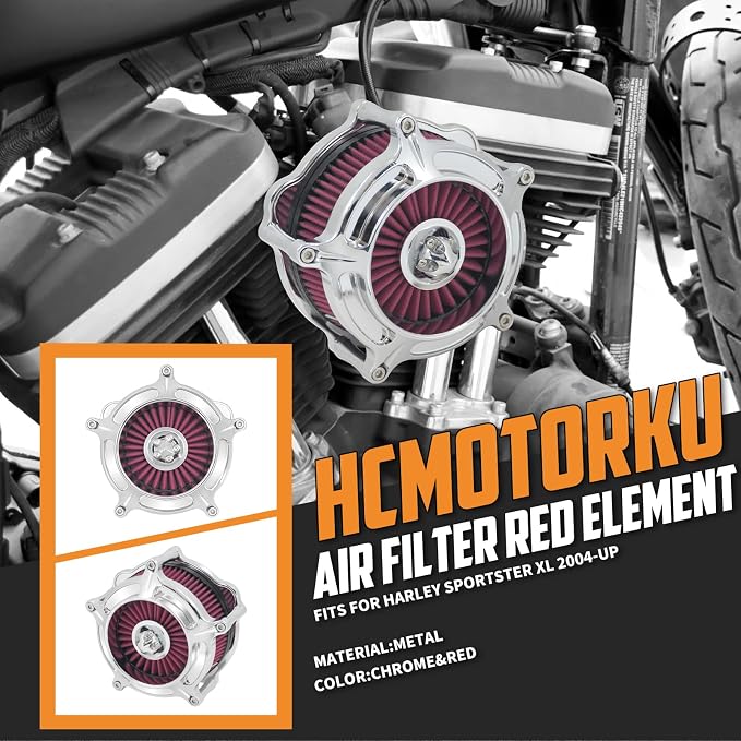 Air Cleaner Filter Aluminum Fit for Harley Touring Road King Street Glide Softail Sportster Dyna (Chrome Housing Red Element, A For Sportster XL 04-22)