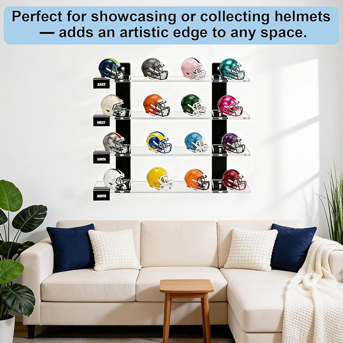 CHEPULA Wall Mount Mini Football Helmet Display Rack, Clear Acrylic Pocket Helmet Storage Stand with Hardware, Ideal Gift for Sports Fans, 11.81" x 10.6" x 2.83"(Clear)