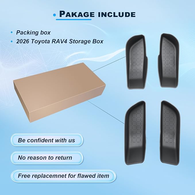 BIXUAN (4PCS) 2026 RAV4 Door Side Storage Boxes for 2026 Toyota RAV4 (6th Gen) Front & Rear Door Pocket Organizer Tray Set with Anti-Rattle Liners, 2026 RAV 4 Interior Accessories