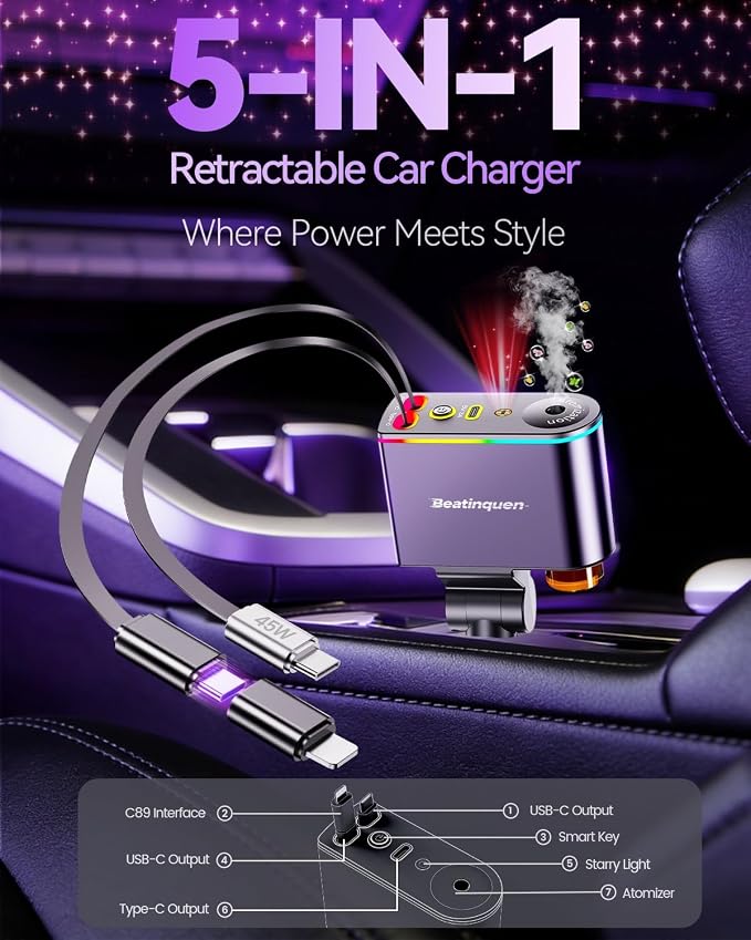 5 in 1 Retractable Car Charger USB C,Smart Car Air Freshener Diffuser | Charging Retractable Car Phone Charger with aromatherapy diffusers,66W Cigarette Lighter Adapter Type-C for iPhone17/16/15/14