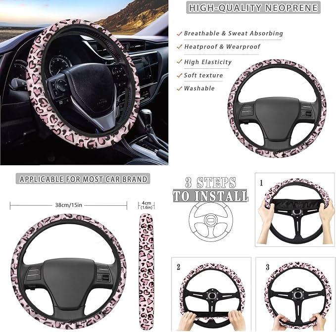 Leopard Heart Print Car Seat Covers Full Sets of 10 Waterproof Steering Wheel Cover, Car Air Vent Storage, Car Garbage Can, Cup Coaster, Lanyard Keychain for Vehicle SUV Truck