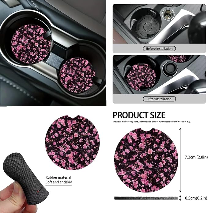 Cherry Blossom Pattern Car Accessories Set of 15, Front Rear Seat Covers Protector Steering Wheel Cover Seatbelt Cushion Trash Can Cup Holders Air Vent Storage Bag